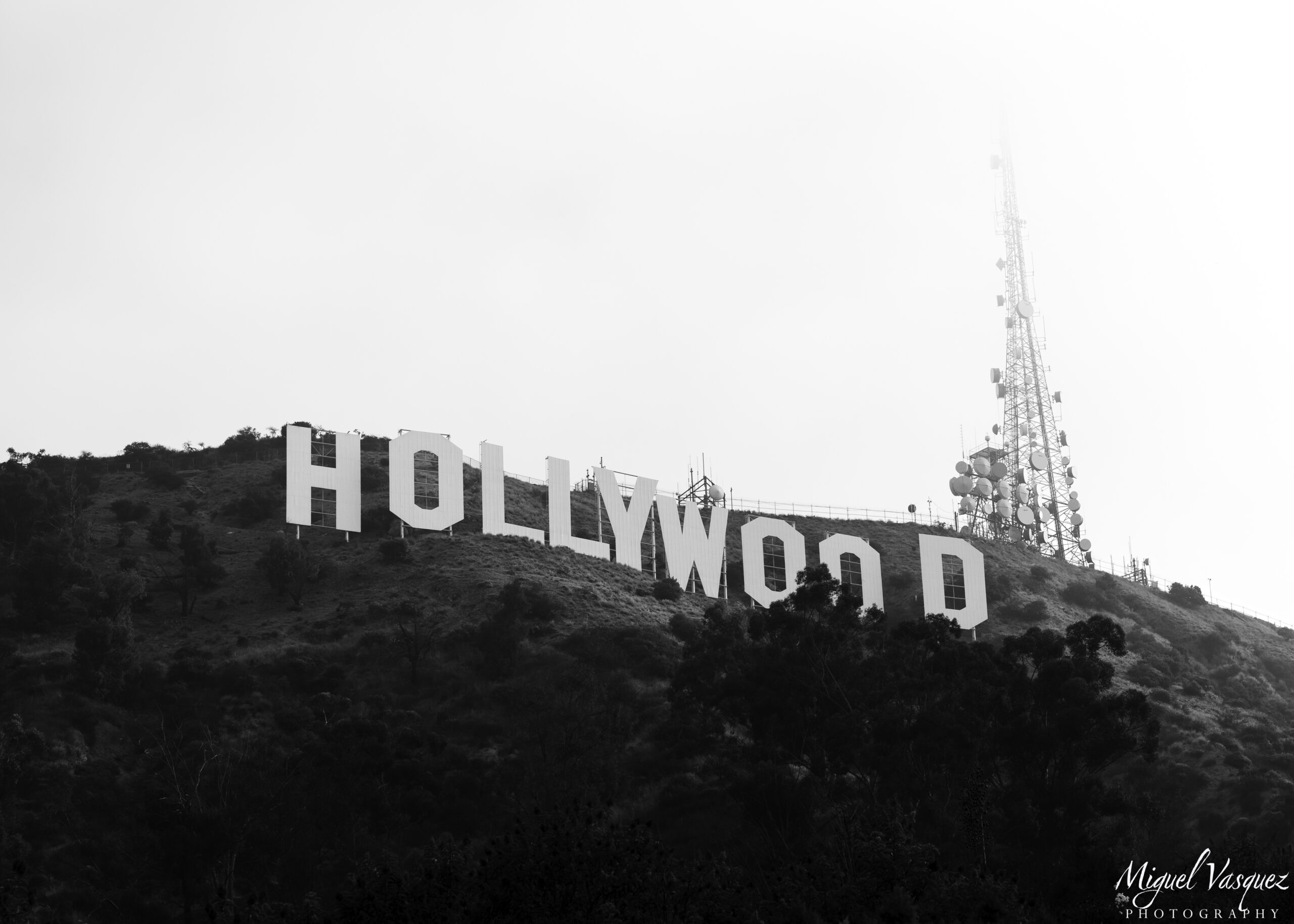 Black and white photo of the Hollywood Sign on the hillside in Los Angeles