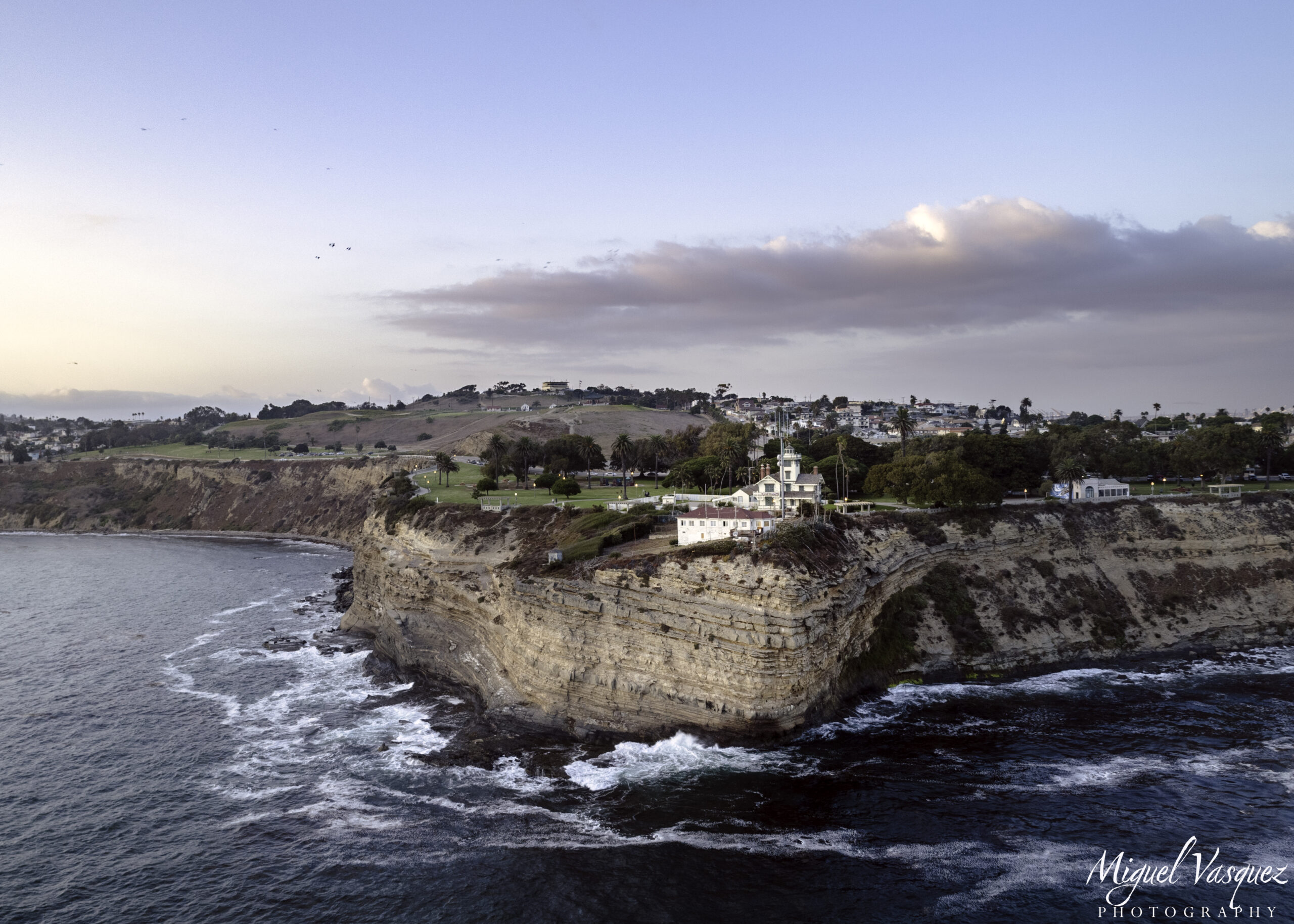 Aerial view of Point Vicente Lighthouse on the cliffs of Rancho Palos Verdes