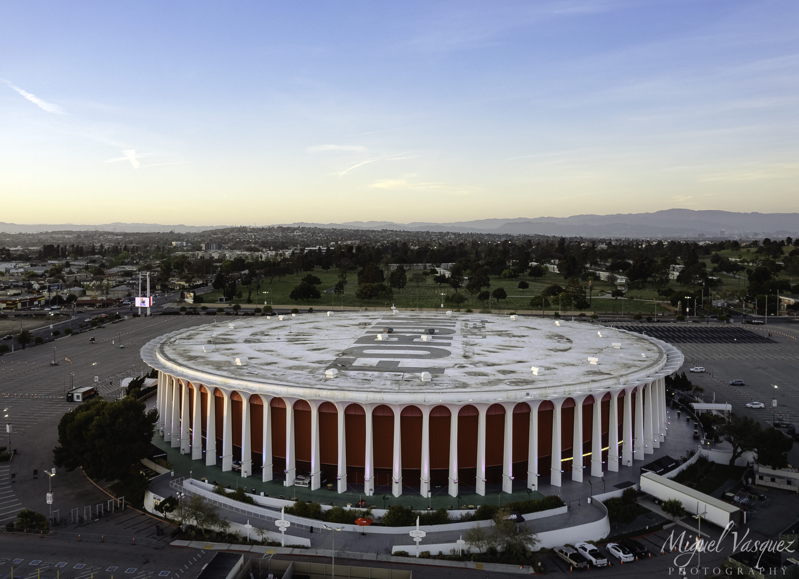 Aerial view of The Forum arena in Inglewood, California at sunset